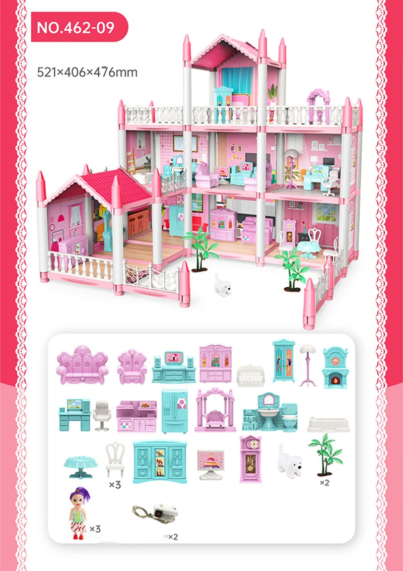 Casa de muñecas para niñas pequeñas, casa de muñecas grande con 4 muñecas, muebles, accesorios, luces LED, juguete de Casa de ensueño de princesa de 4 pisos