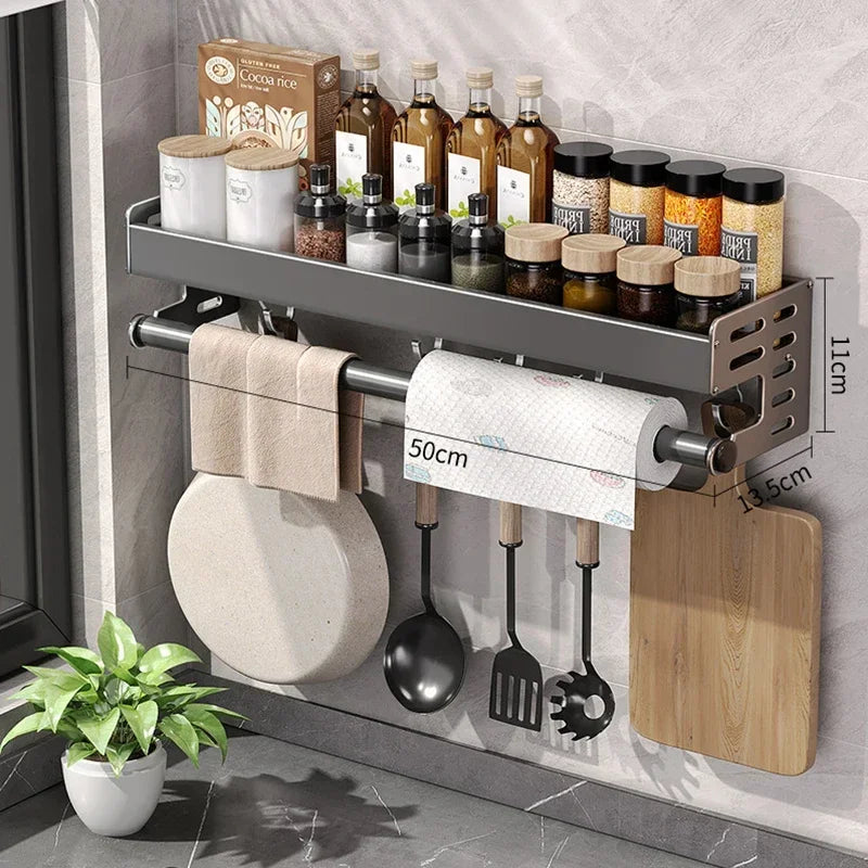 Elegante estante de pared para condimentos de cocina con caja de almacenamiento, estante multifuncional para utensilios domésticos con dispensador de aceite y vinagre