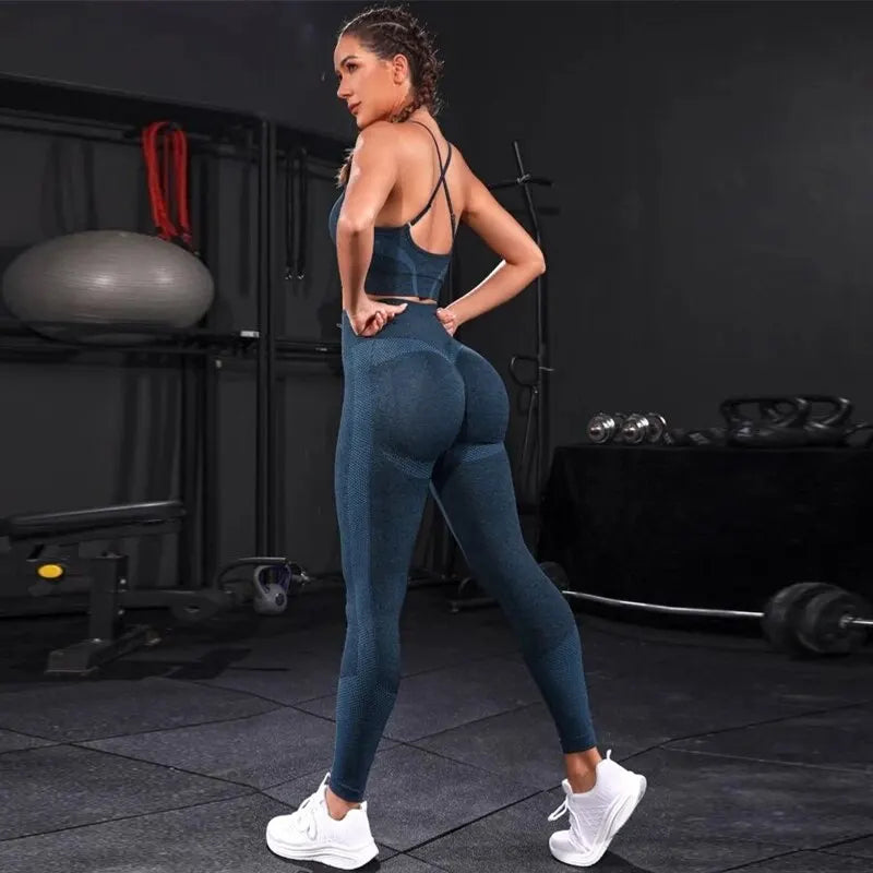 Chándal de 2 piezas para mujer, conjunto de Yoga sin costuras, ropa deportiva de entrenamiento, ropa de gimnasio, mallas de cintura alta, trajes deportivos para Fitness