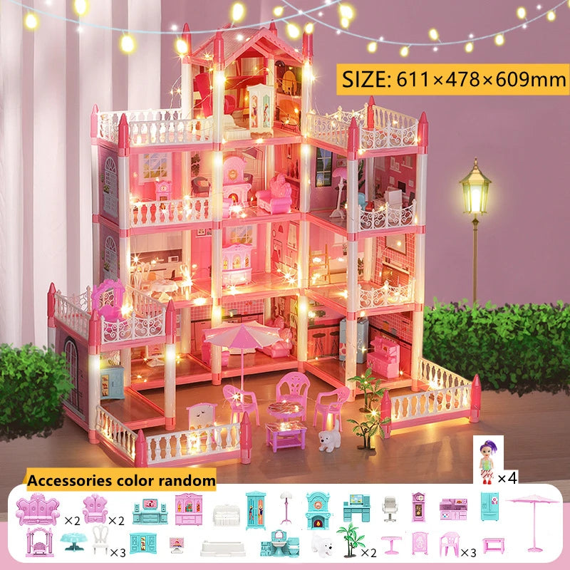 Casa de muñecas para niñas pequeñas, casa de muñecas grande con 4 muñecas, muebles, accesorios, luces LED, juguete de Casa de ensueño de princesa de 4 pisos