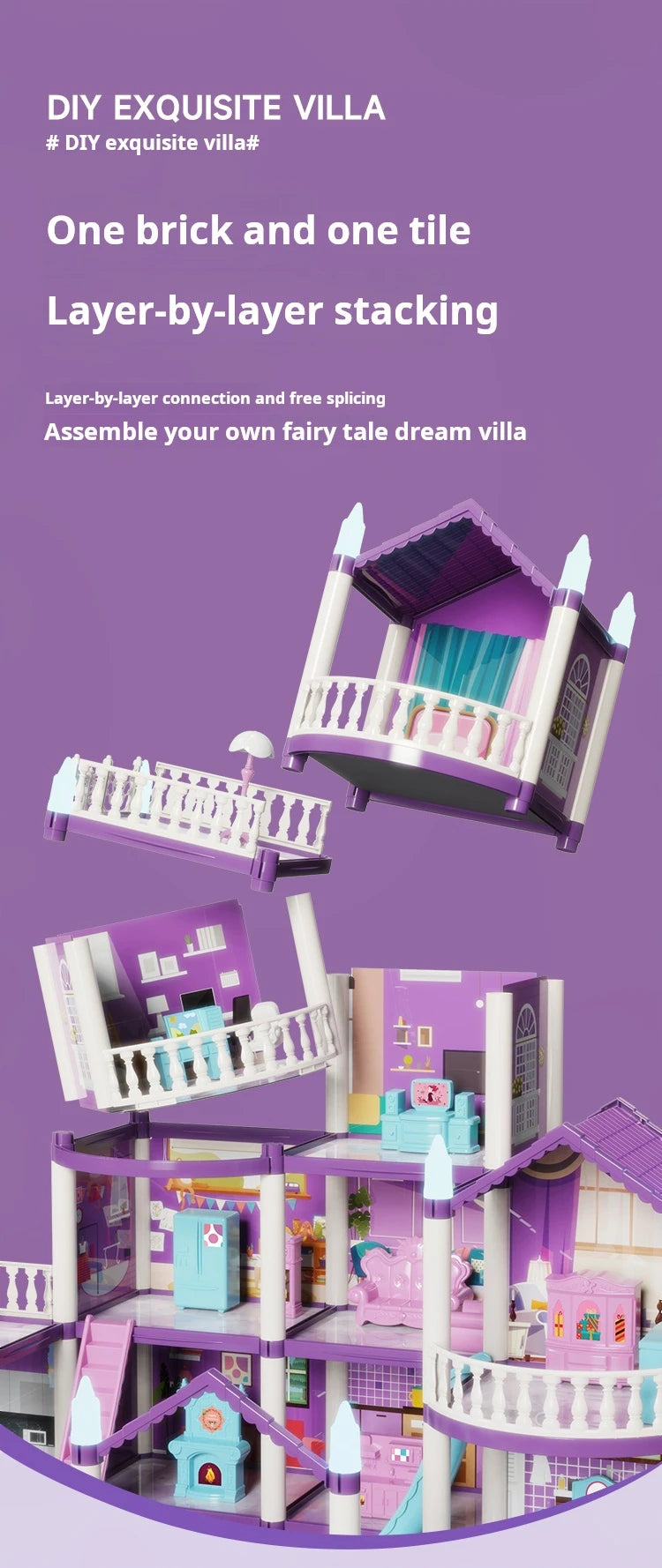 3D DIY Fantasía Princesa Castillo Villa Conjunto de casa de muñecas Juguetes, Juguetes para el hogar para niñas y juguetes para niños 3D