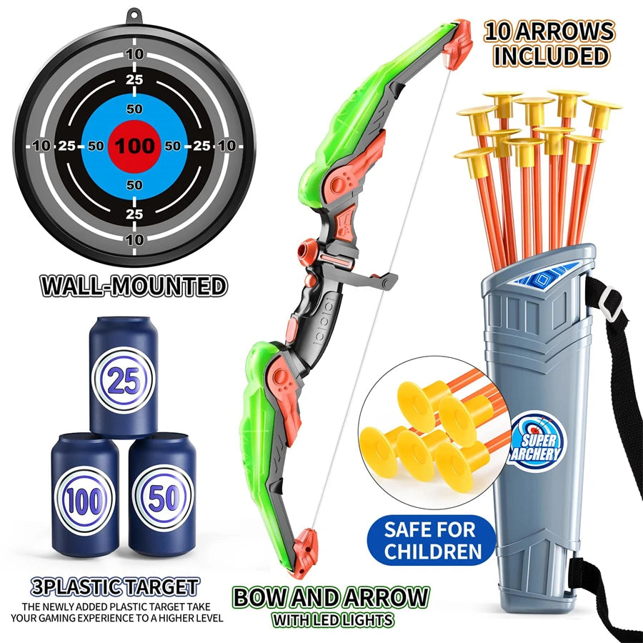 Juego de arco y flecha para niños, juego de juguetes de tiro con arco con luz LED para niños de 4 a 8 a 12 años, con 10 flechas de ventosa, objetivo y carnada