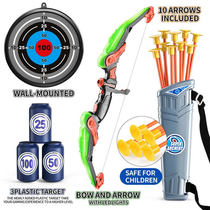 Juego de arco y flecha para niños, juego de juguetes de tiro con arco con luz LED para niños de 4 a 8 a 12 años, con 10 flechas de ventosa, objetivo y carnada