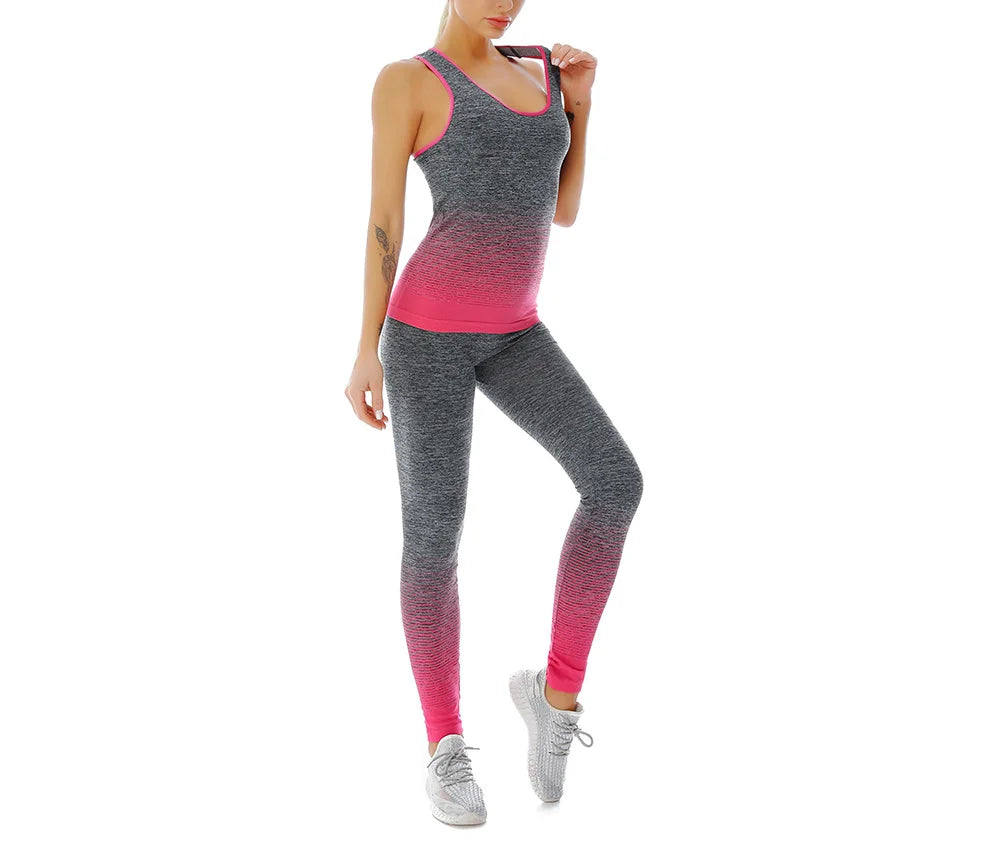 Traje deportivo para mujer, chaleco superelástico con cambio Gradual de Color, pantalones de nueve puntos, ropa deportiva, traje de Yoga, ropa de entrenamiento para mujer