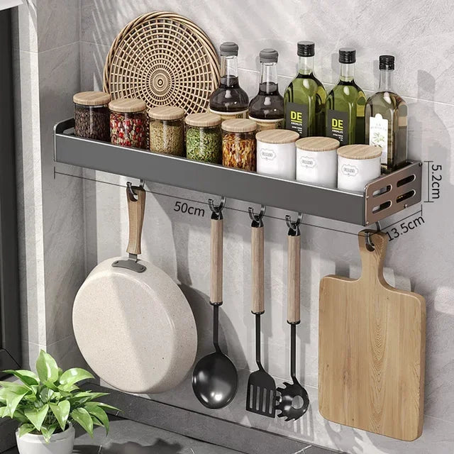 Elegante estante de pared para condimentos de cocina con caja de almacenamiento, estante multifuncional para utensilios domésticos con dispensador de aceite y vinagre