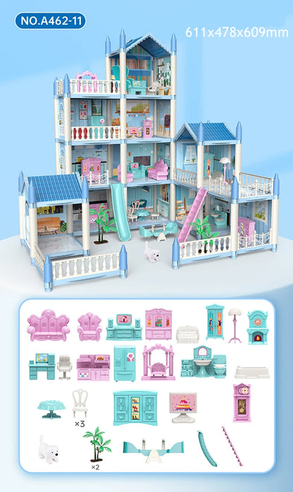 Casa de muñecas para niñas pequeñas, casa de muñecas grande con 4 muñecas, muebles, accesorios, luces LED, juguete de Casa de ensueño de princesa de 4 pisos