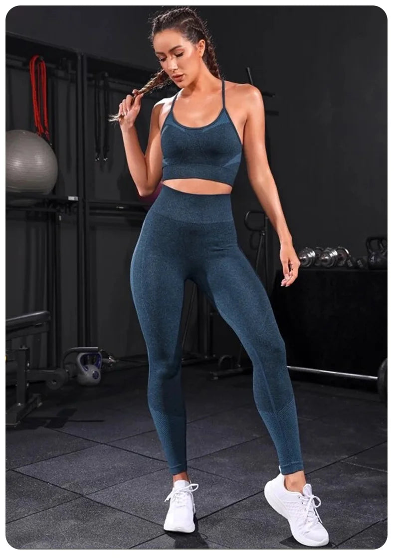 Chándal de 2 piezas para mujer, conjunto de Yoga sin costuras, ropa deportiva de entrenamiento, ropa de gimnasio, mallas de cintura alta, trajes deportivos para Fitness