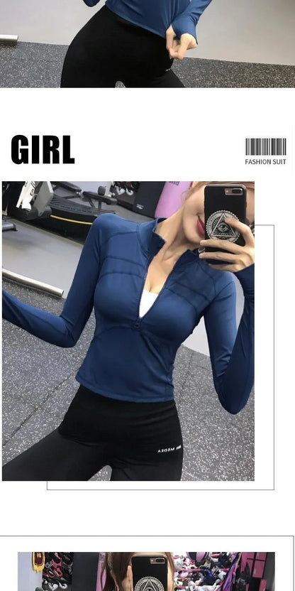 Chaqueta deportiva de Fitness para mujer, chaqueta de manga larga con cremallera, ropa de Yoga de entrenamiento de secado rápido, Top transpirable de verano