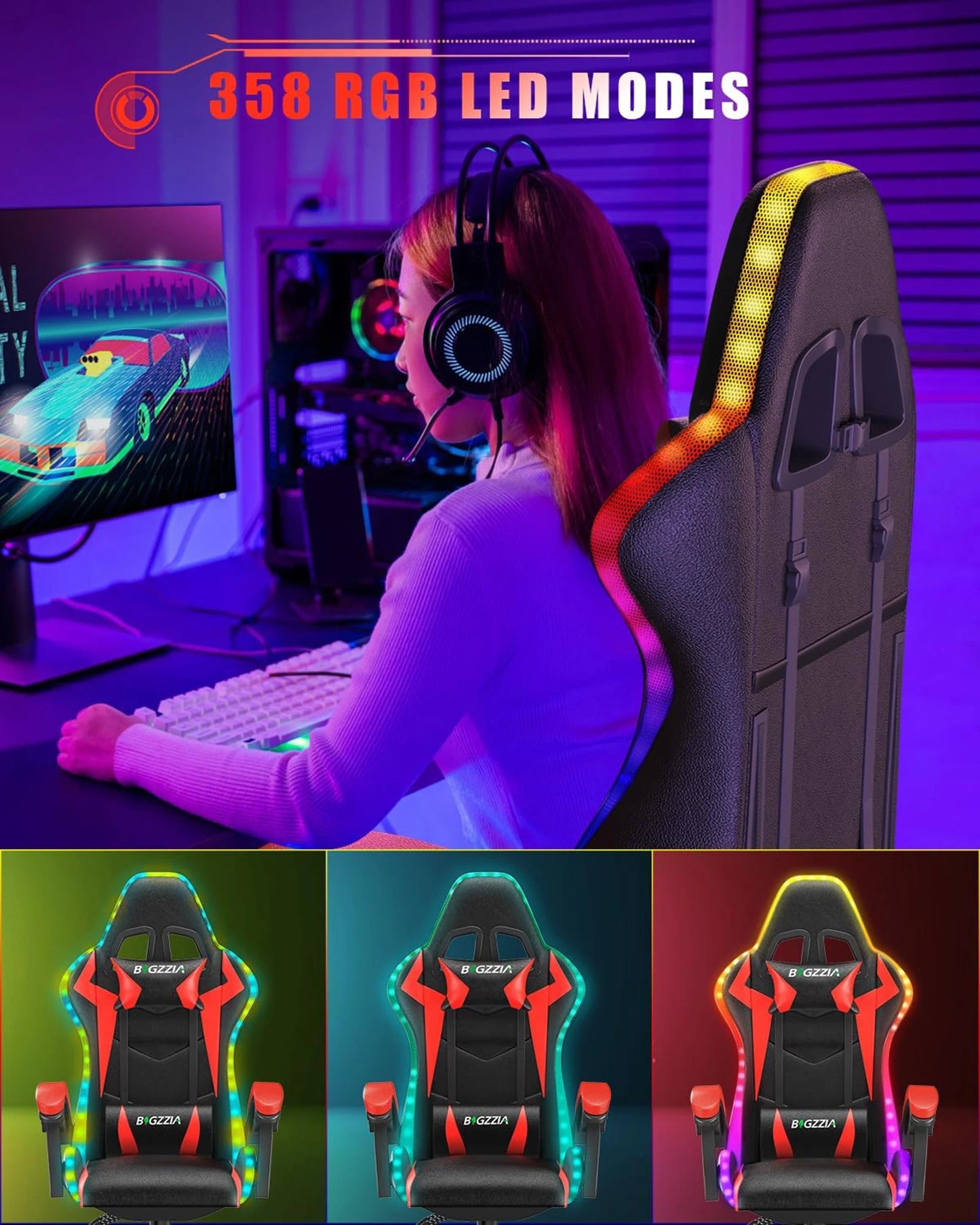 Silla para juegos RGB con luces LED y silla ergonómica para ordenador, silla de oficina con respaldo alto de cuero PU reclinable con reposacabezas