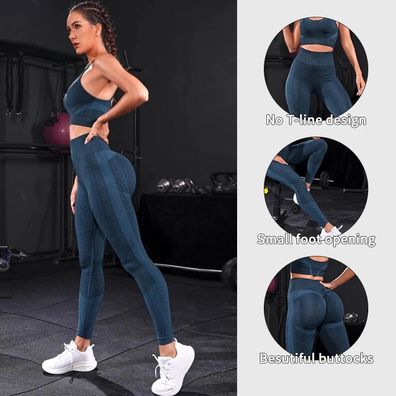 Chándal de 2 piezas para mujer, conjunto de Yoga sin costuras, ropa deportiva de entrenamiento, ropa de gimnasio, mallas de cintura alta, trajes deportivos para Fitness