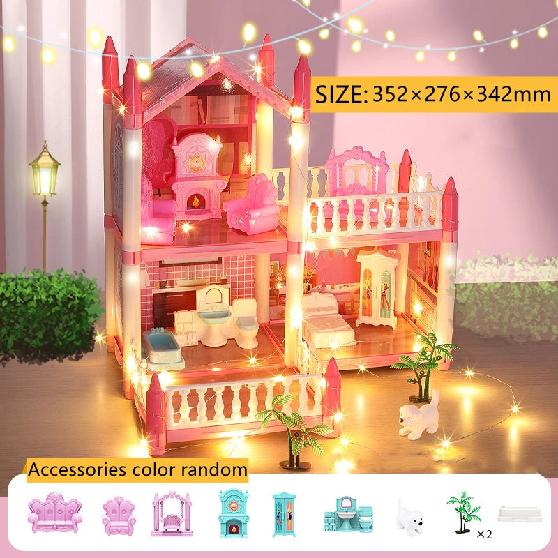 Casa de muñecas para niñas pequeñas, casa de muñecas grande con 4 muñecas, muebles, accesorios, luces LED, juguete de Casa de ensueño de princesa de 4 pisos