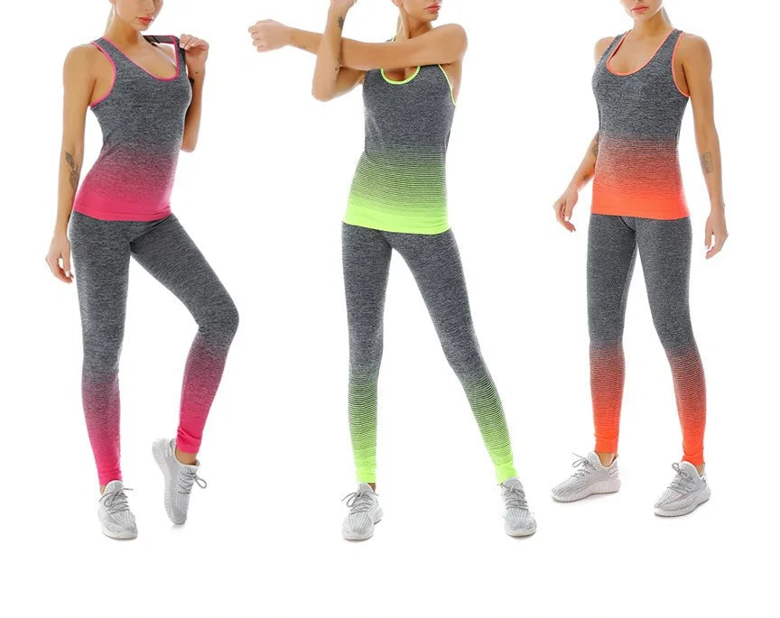 Traje deportivo para mujer, chaleco superelástico con cambio Gradual de Color, pantalones de nueve puntos, ropa deportiva, traje de Yoga, ropa de entrenamiento para mujer