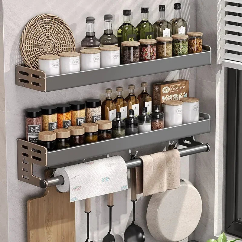 Elegante estante de pared para condimentos de cocina con caja de almacenamiento, estante multifuncional para utensilios domésticos con dispensador de aceite y vinagre