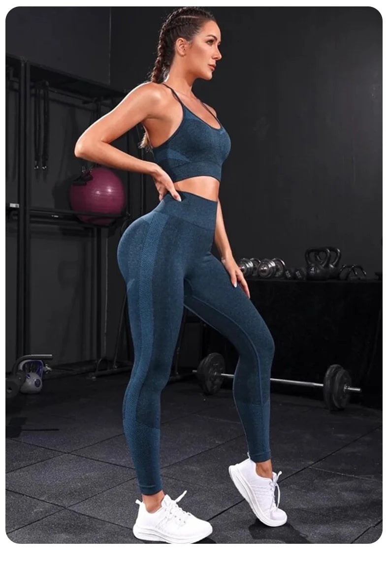 Chándal de 2 piezas para mujer, conjunto de Yoga sin costuras, ropa deportiva de entrenamiento, ropa de gimnasio, mallas de cintura alta, trajes deportivos para Fitness