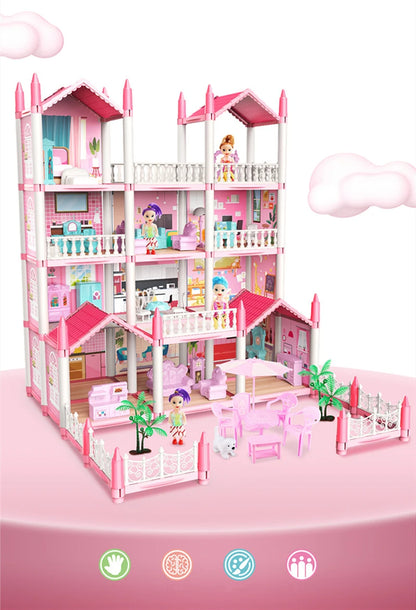 Casa de muñecas para niñas pequeñas, casa de muñecas grande con 4 muñecas, muebles, accesorios, luces LED, juguete de Casa de ensueño de princesa de 4 pisos