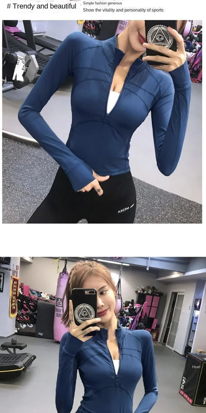 Chaqueta deportiva de Fitness para mujer, chaqueta de manga larga con cremallera, ropa de Yoga de entrenamiento de secado rápido, Top transpirable de verano