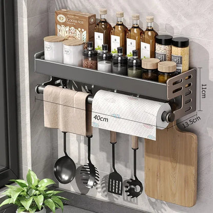 Elegante estante de pared para condimentos de cocina con caja de almacenamiento, estante multifuncional para utensilios domésticos con dispensador de aceite y vinagre