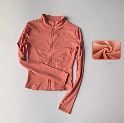 Deportes al aire libre de manga larga para mujer, ropa de Yoga ajustada, cárdigan con cremallera de secado rápido, chaqueta con cuello levantado, chaqueta para correr y Fitness, Top