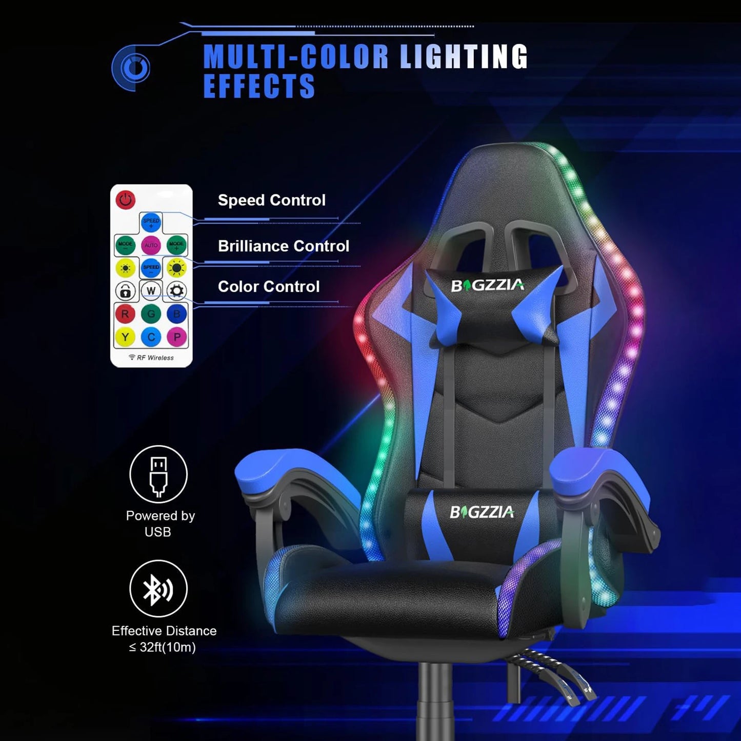 Silla para juegos RGB con luces LED y silla ergonómica para ordenador, silla de oficina con respaldo alto de cuero PU reclinable con reposacabezas