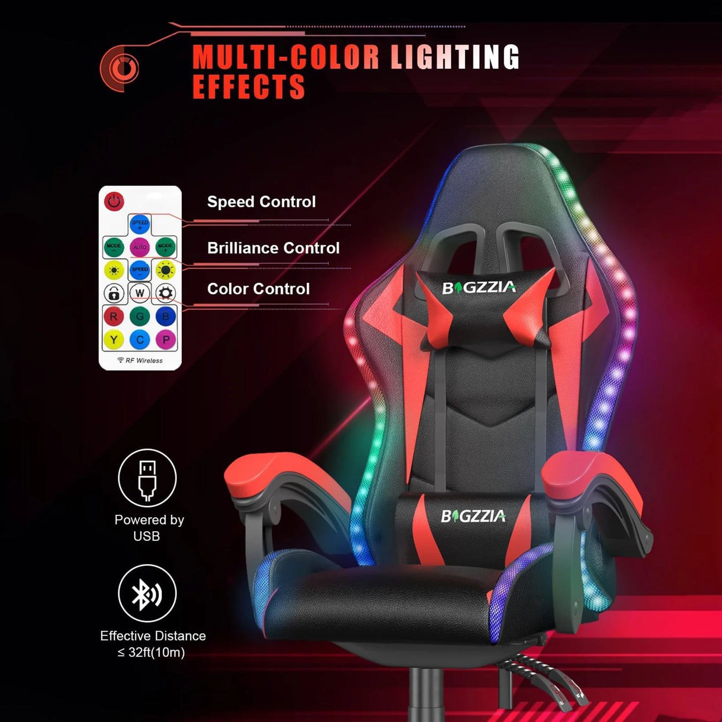 Silla para juegos RGB con luces LED y silla ergonómica para ordenador, silla de oficina con respaldo alto de cuero PU reclinable con reposacabezas