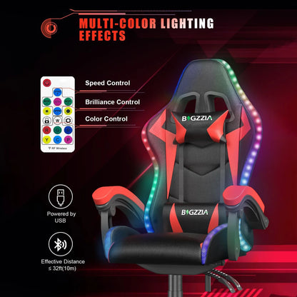 Silla para juegos RGB con luces LED y silla ergonómica para ordenador, silla de oficina con respaldo alto de cuero PU reclinable con reposacabezas