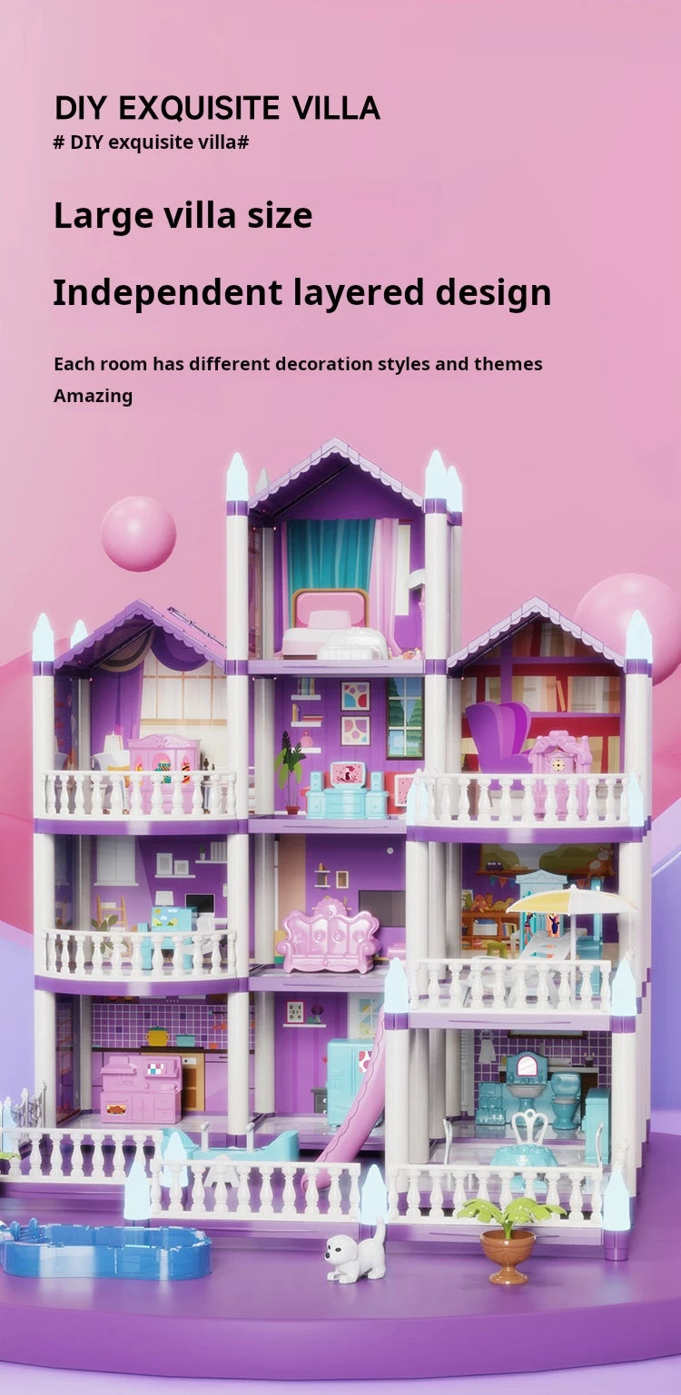 3D DIY Fantasía Princesa Castillo Villa Conjunto de casa de muñecas Juguetes, Juguetes para el hogar para niñas y juguetes para niños 3D