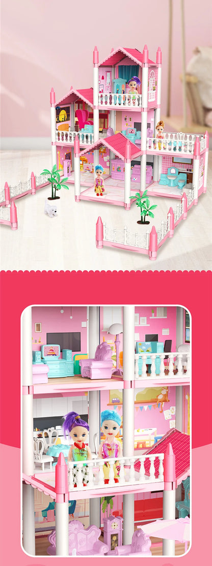 Casa de muñecas para niñas pequeñas, casa de muñecas grande con 4 muñecas, muebles, accesorios, luces LED, juguete de Casa de ensueño de princesa de 4 pisos