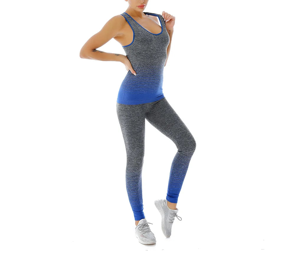 Traje deportivo para mujer, chaleco superelástico con cambio Gradual de Color, pantalones de nueve puntos, ropa deportiva, traje de Yoga, ropa de entrenamiento para mujer