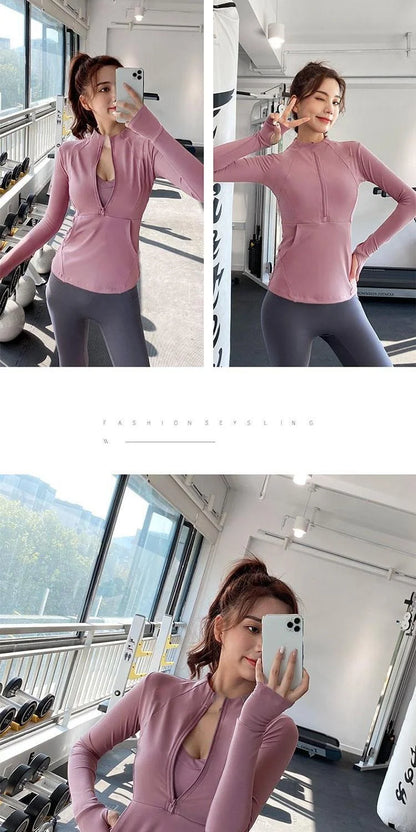 Chaqueta deportiva de Fitness para mujer, chaqueta de manga larga con cremallera, ropa de Yoga de entrenamiento de secado rápido, Top transpirable de verano