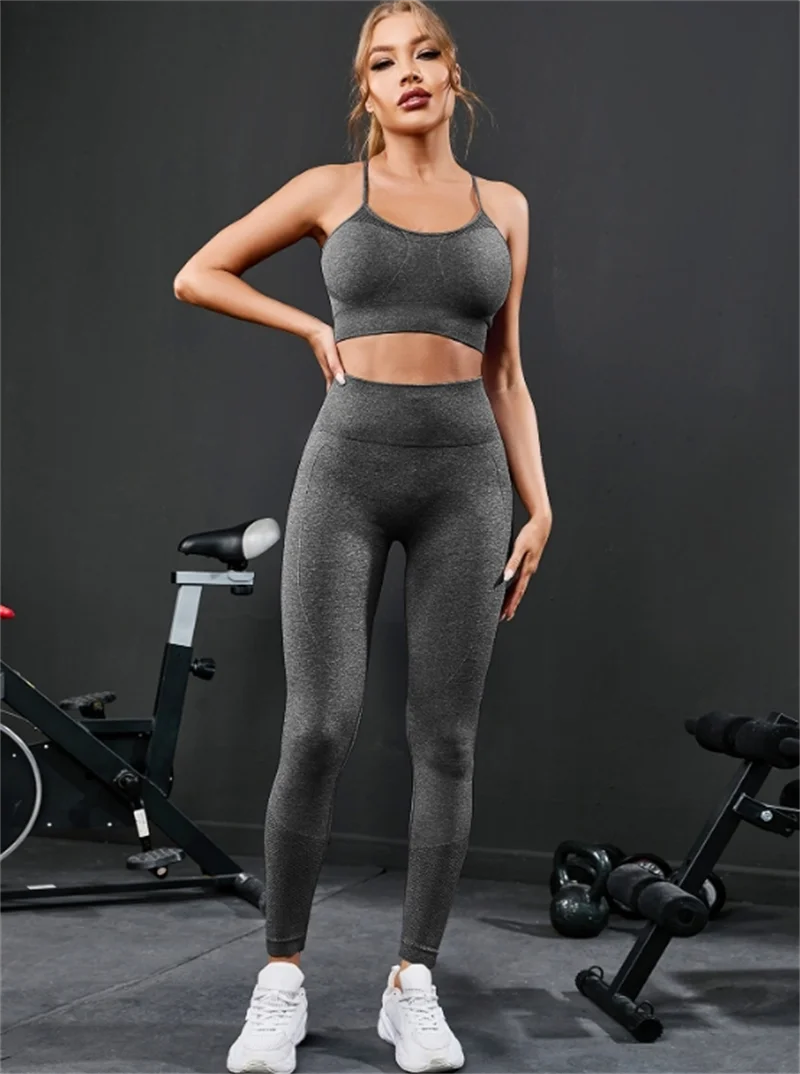 Chándal de 2 piezas para mujer, conjunto de Yoga sin costuras, ropa deportiva de entrenamiento, ropa de gimnasio, mallas de cintura alta, trajes deportivos para Fitness