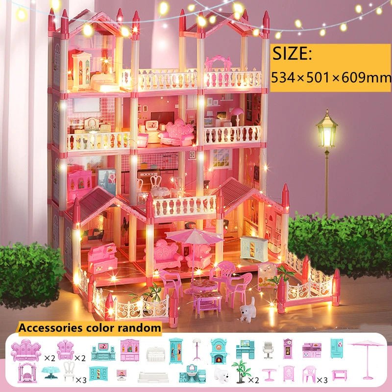 Casa de muñecas para niñas pequeñas, casa de muñecas grande con 4 muñecas, muebles, accesorios, luces LED, juguete de Casa de ensueño de princesa de 4 pisos