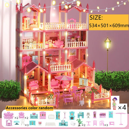 Casa de muñecas para niñas pequeñas, casa de muñecas grande con 4 muñecas, muebles, accesorios, luces LED, juguete de Casa de ensueño de princesa de 4 pisos