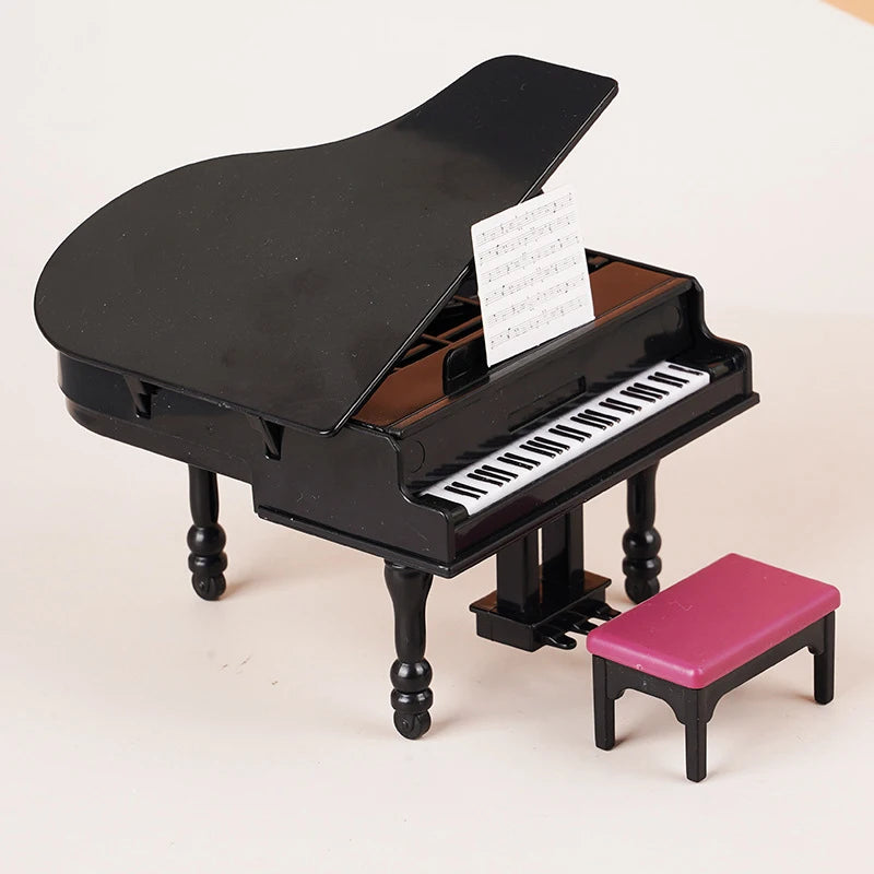 Piano en miniatura para casa de muñecas, modelo de silla de instrumentos con taburete, decoración de muebles de sala de estar, accesorios de juguete, 1:12