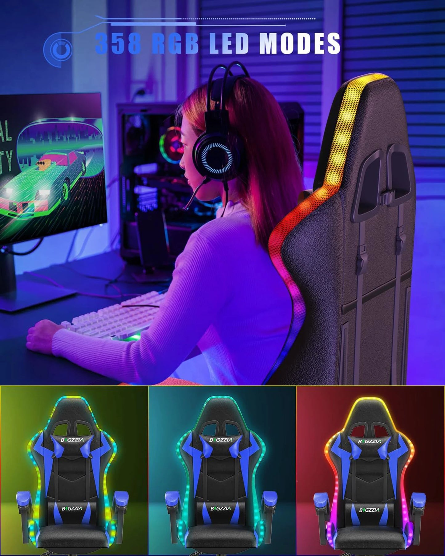 Silla para juegos RGB con luces LED y silla ergonómica para ordenador, silla de oficina con respaldo alto de cuero PU reclinable con reposacabezas