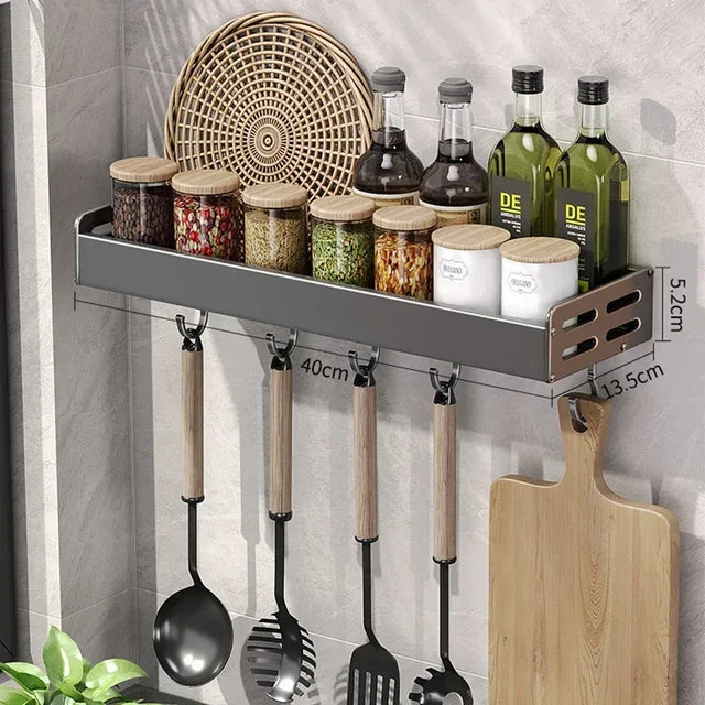 Elegante estante de pared para condimentos de cocina con caja de almacenamiento, estante multifuncional para utensilios domésticos con dispensador de aceite y vinagre