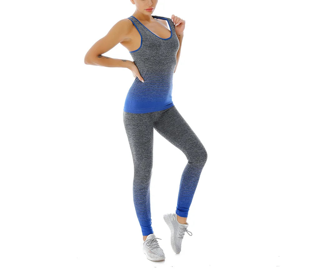 Traje deportivo para mujer, chaleco superelástico con cambio Gradual de Color, pantalones de nueve puntos, ropa deportiva, traje de Yoga, ropa de entrenamiento para mujer