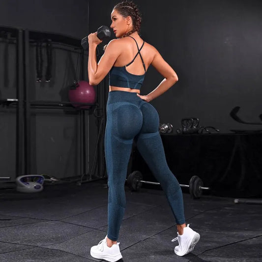 Chándal de 2 piezas para mujer, conjunto de Yoga sin costuras, ropa deportiva de entrenamiento, ropa de gimnasio, mallas de cintura alta, trajes deportivos para Fitness