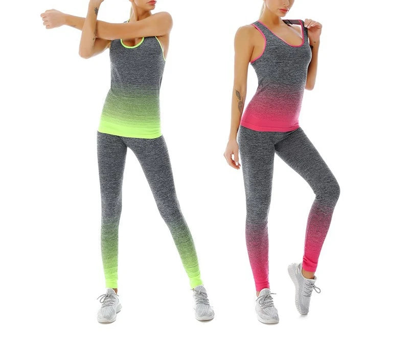 Traje deportivo para mujer, chaleco superelástico con cambio Gradual de Color, pantalones de nueve puntos, ropa deportiva, traje de Yoga, ropa de entrenamiento para mujer