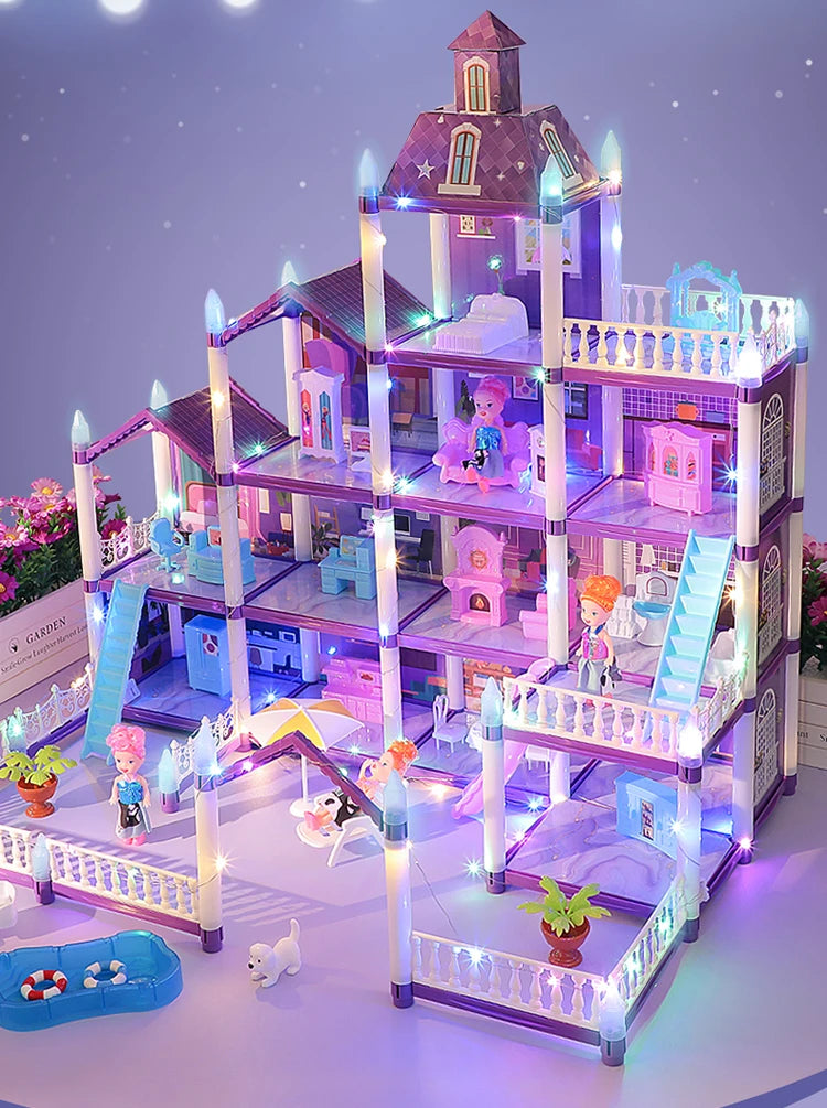 3D DIY Fantasía Princesa Castillo Villa Conjunto de casa de muñecas Juguetes, Juguetes para el hogar para niñas y juguetes para niños 3D