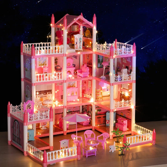 Casa de muñecas para niñas pequeñas, casa de muñecas grande con 4 muñecas, muebles, accesorios, luces LED, juguete de Casa de ensueño de princesa de 4 pisos