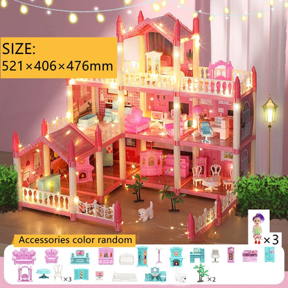 Casa de muñecas para niñas pequeñas, casa de muñecas grande con 4 muñecas, muebles, accesorios, luces LED, juguete de Casa de ensueño de princesa de 4 pisos