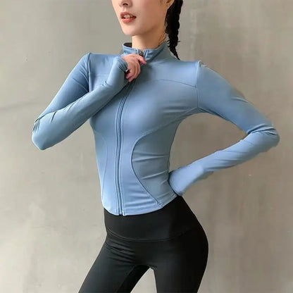 Chaqueta deportiva de Fitness para mujer, chaqueta de manga larga con cremallera, ropa de Yoga de entrenamiento de secado rápido, Top transpirable de verano