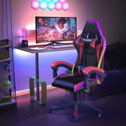 Silla para juegos RGB con luces LED y silla ergonómica para ordenador, silla de oficina con respaldo alto de cuero PU reclinable con reposacabezas