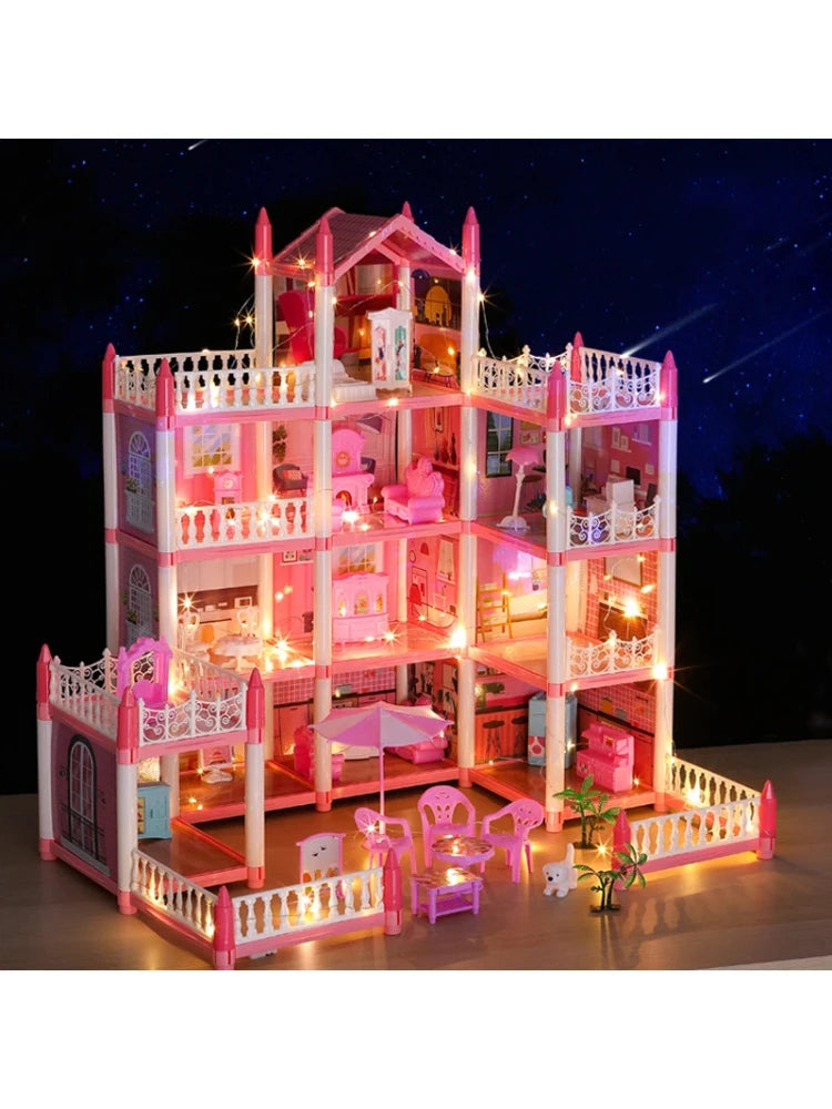 Casa de muñecas para niñas pequeñas, casa de muñecas grande con 4 muñecas, muebles, accesorios, luces LED, juguete de Casa de ensueño de princesa de 4 pisos