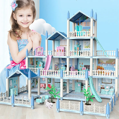 Casa de muñecas para niñas pequeñas, casa de muñecas grande con 4 muñecas, muebles, accesorios, luces LED, juguete de Casa de ensueño de princesa de 4 pisos