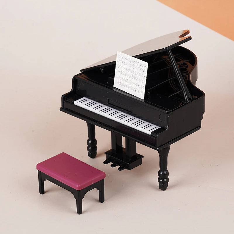 Piano en miniatura para casa de muñecas, modelo de silla de instrumentos con taburete, decoración de muebles de sala de estar, accesorios de juguete, 1:12