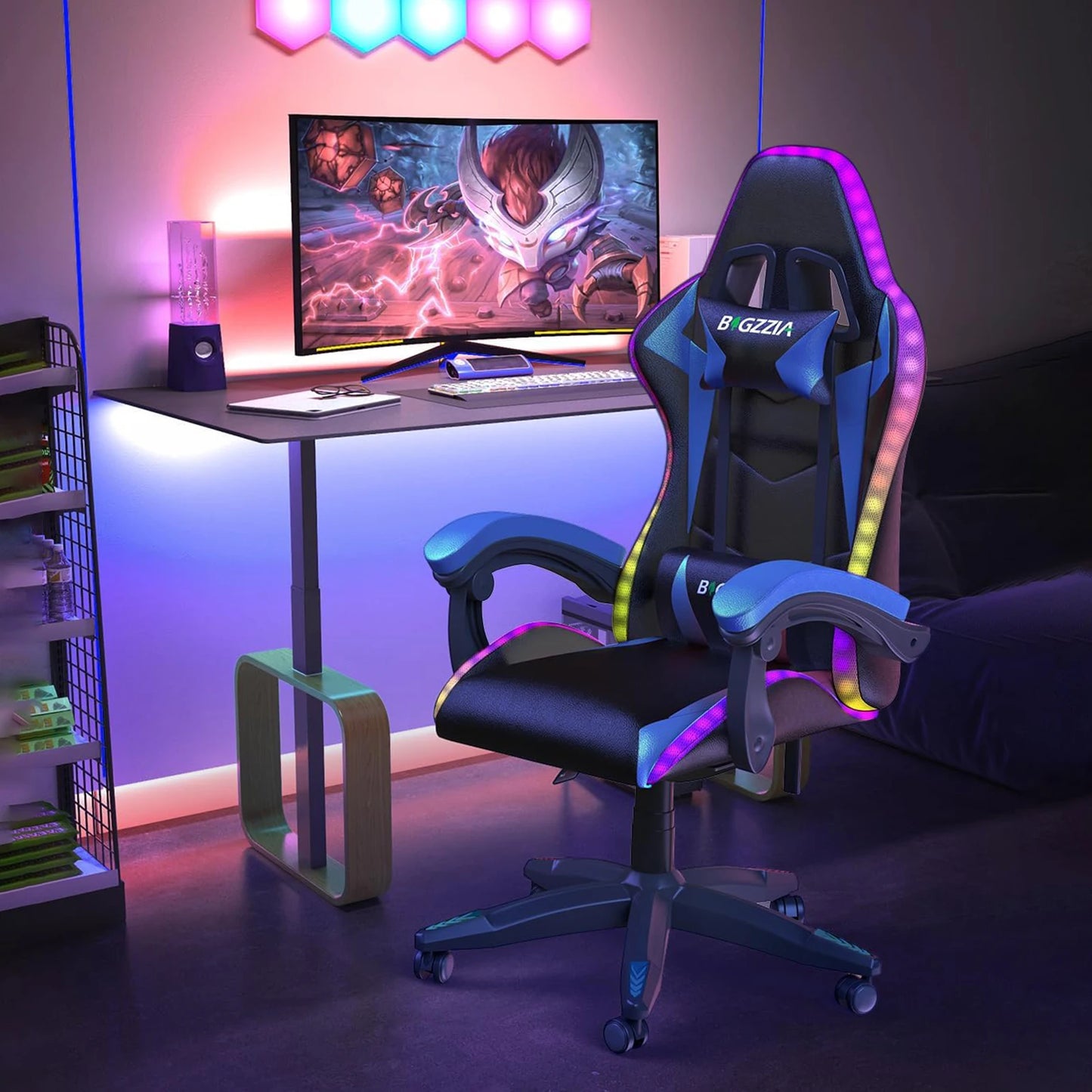 Silla para juegos RGB con luces LED y silla ergonómica para ordenador, silla de oficina con respaldo alto de cuero PU reclinable con reposacabezas