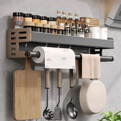 Elegante estante de pared para condimentos de cocina con caja de almacenamiento, estante multifuncional para utensilios domésticos con dispensador de aceite y vinagre