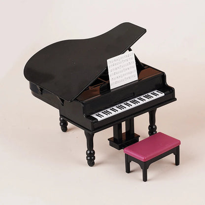 Piano en miniatura para casa de muñecas, modelo de silla de instrumentos con taburete, decoración de muebles de sala de estar, accesorios de juguete, 1:12