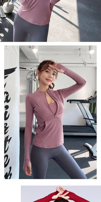 Chaqueta deportiva de Fitness para mujer, chaqueta de manga larga con cremallera, ropa de Yoga de entrenamiento de secado rápido, Top transpirable de verano